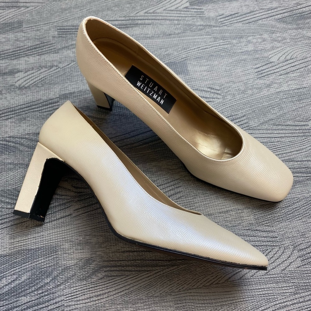 Stuart Weitzman Metallic Cream Square Toe Pump Heels